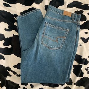 American eagle mid wash high rise mom jeans.